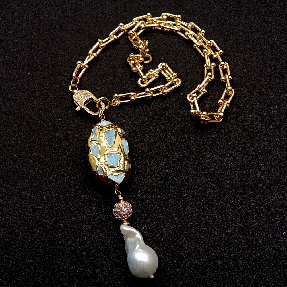 20″ Gold Plated Chain Necklace Blue Larimar Freshwater White Keshi Pearl Pendant