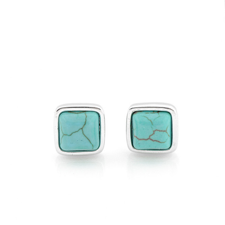 925 Sterling Silver Post Square Blue Turquoise Stud Earrings 8mm Gift PE43