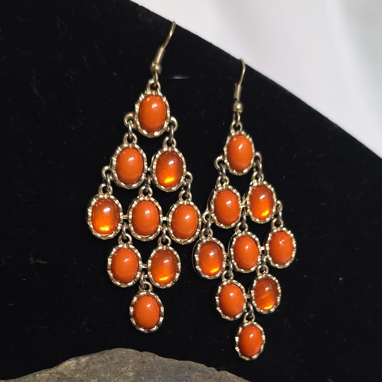 Orange Silver Tone Chandelier Dangle/Drop Hook Earrings, No Stone Metal Pair
