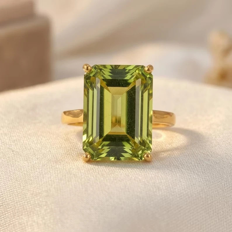 5Ct Emerald Cut Natural Peridot Solitaire Wedding Ring 14K Yellow Gold Size 5 6