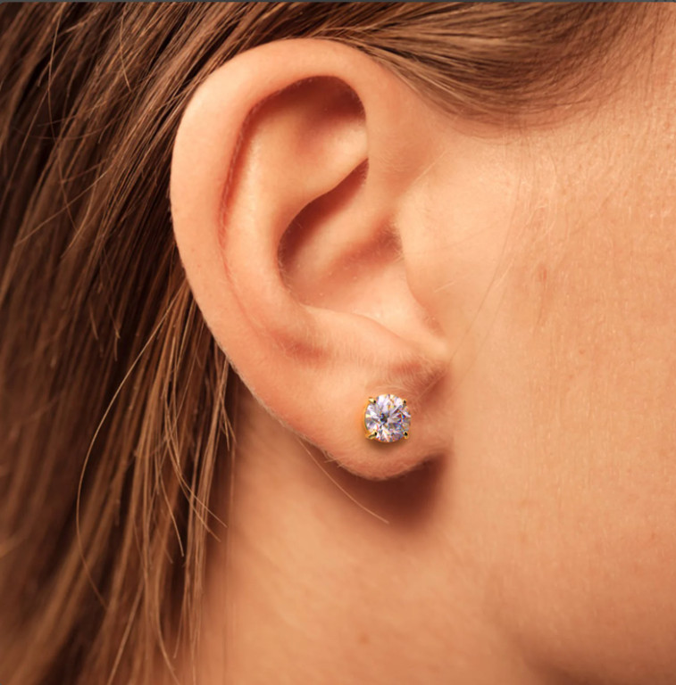 Moissanite Screw Back 14k Gold Solitaire Stud Earrings GRA Certified D/VVS1