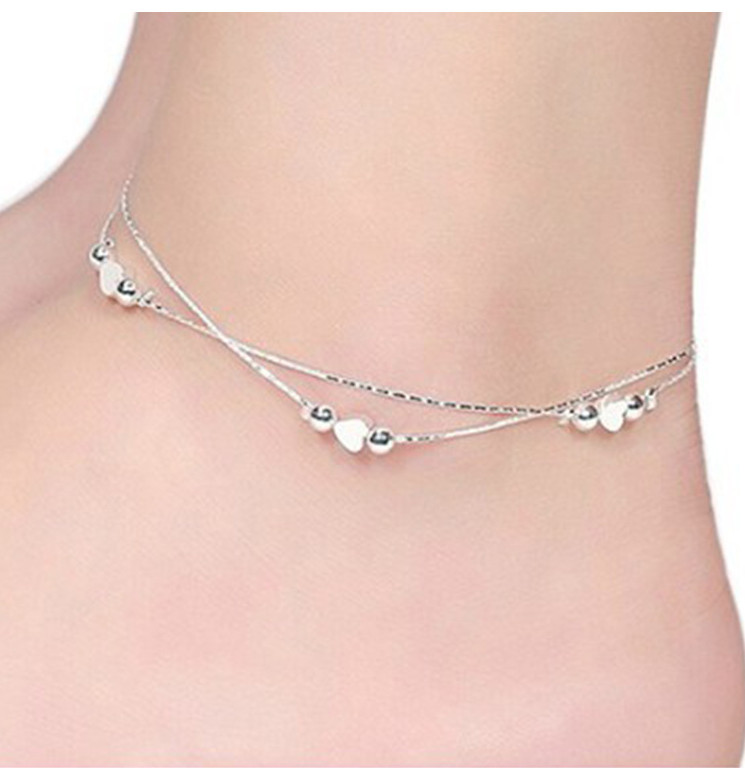 ADJUSTABLE Silver Anklet Bracelet Barefoot Sandal Beach Foot Heart Ball Chain