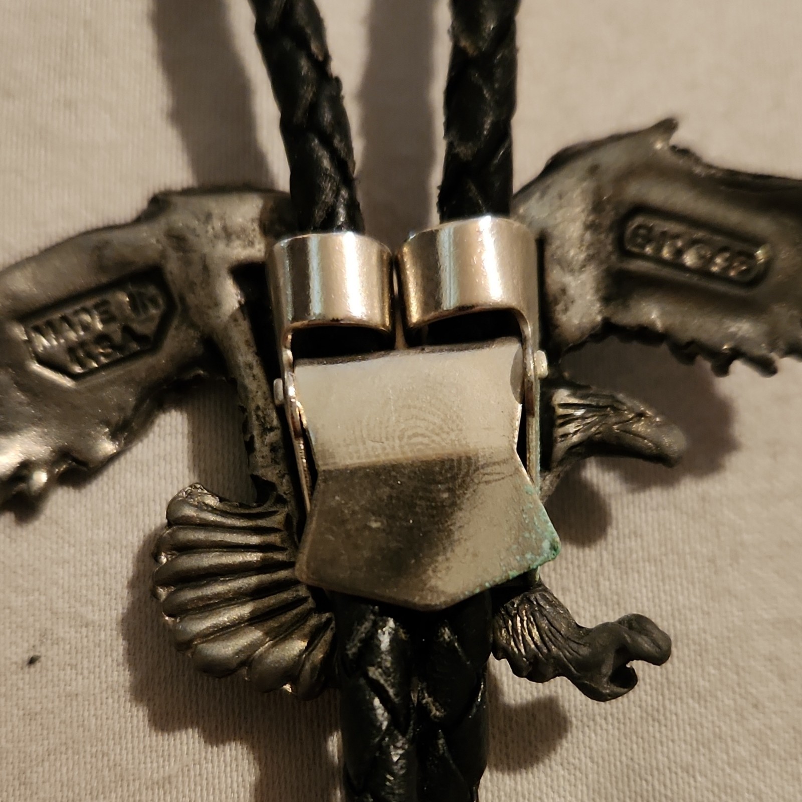 Vintage 1995 EJC Pewter Eagle Bolo Tie Western Cowboy Braided Leather Cord