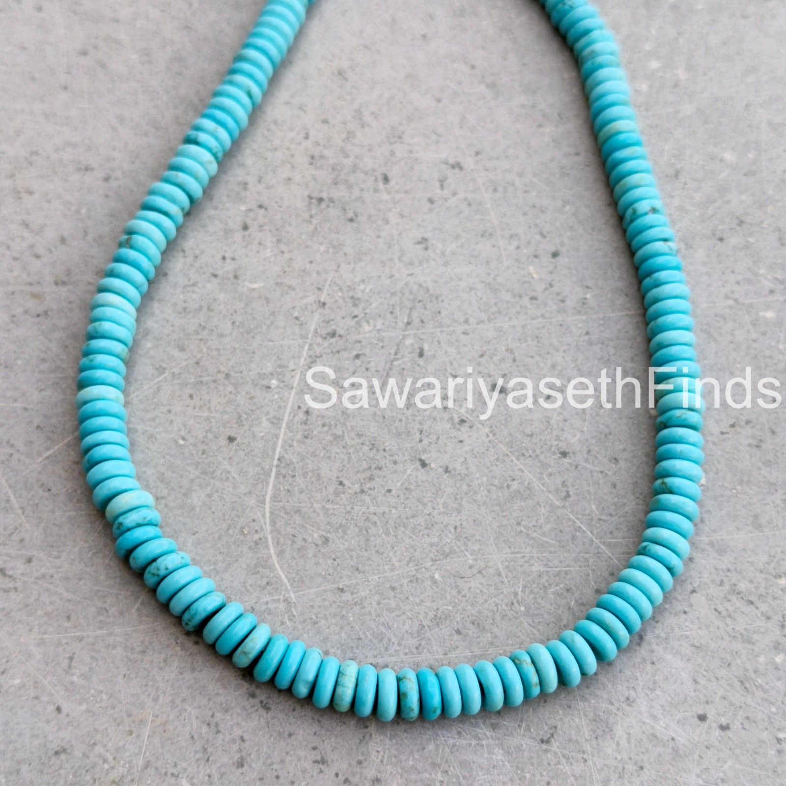 Handmade Turquoise Rondelle Beaded Necklace, 6MM Blue Gemstone, Sterling Silver