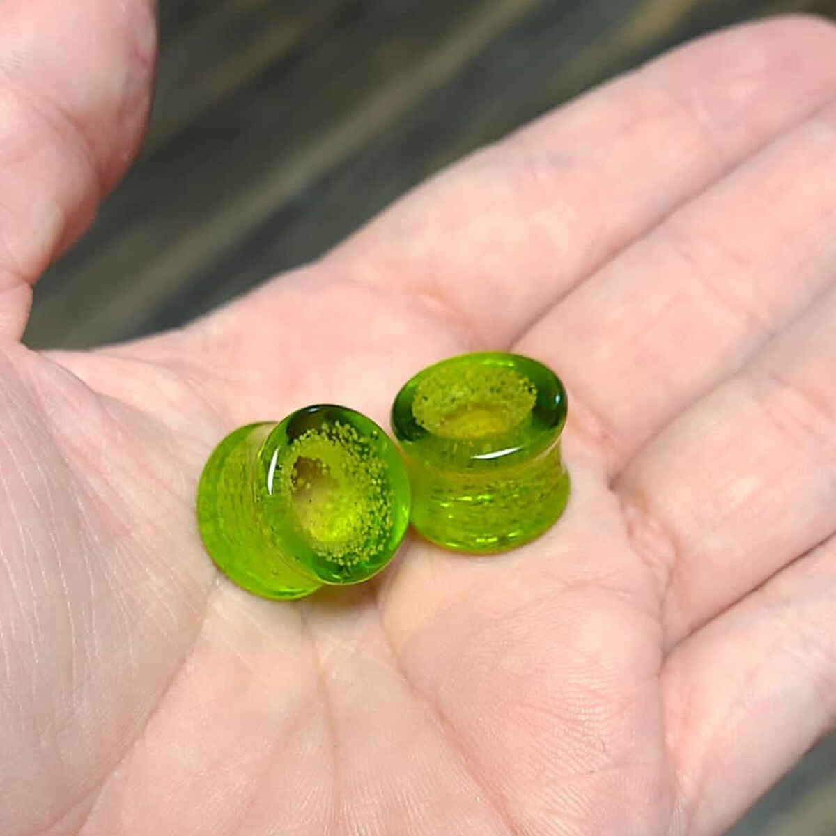 Ear Plugs Glass Double Flare Lemon Lime Green – Sold as a pair