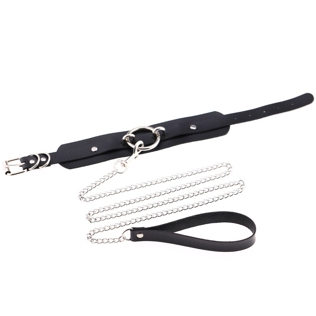 Leather Choker Collar with Chain Leash Set Cosplay Necklace Gothic Punk O-ring