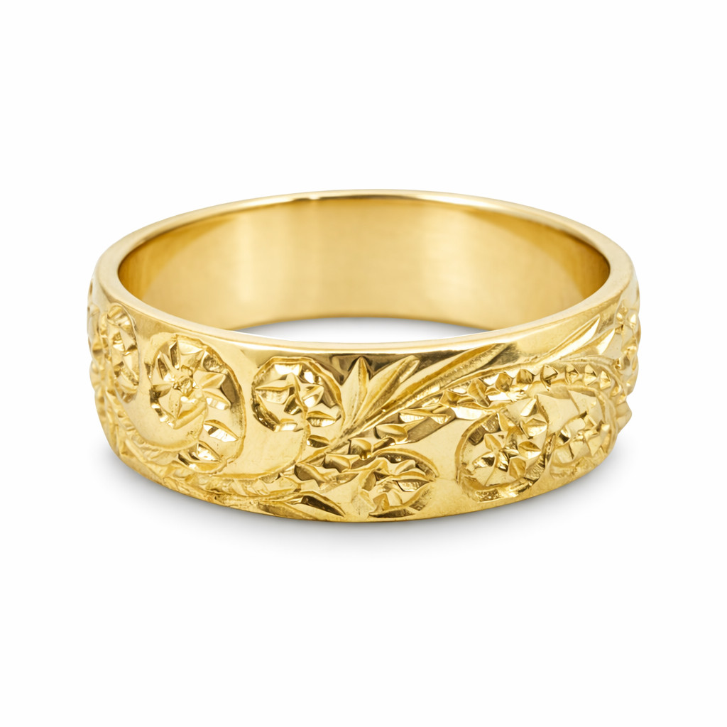 Solid 14K Women’s Yellow Gold Hand Engraved Hawaiian Scroll Ring 6mm Gold Band