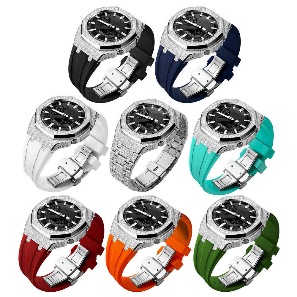Bling Diamond Stainless Steel Case + Rubber Strap AP MOD KIT for G-SHOCK GA-2100