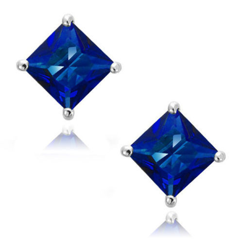 New White Gold Filled 6mm Princess Square Cut Sapphire Blue CZ Stud Earrings