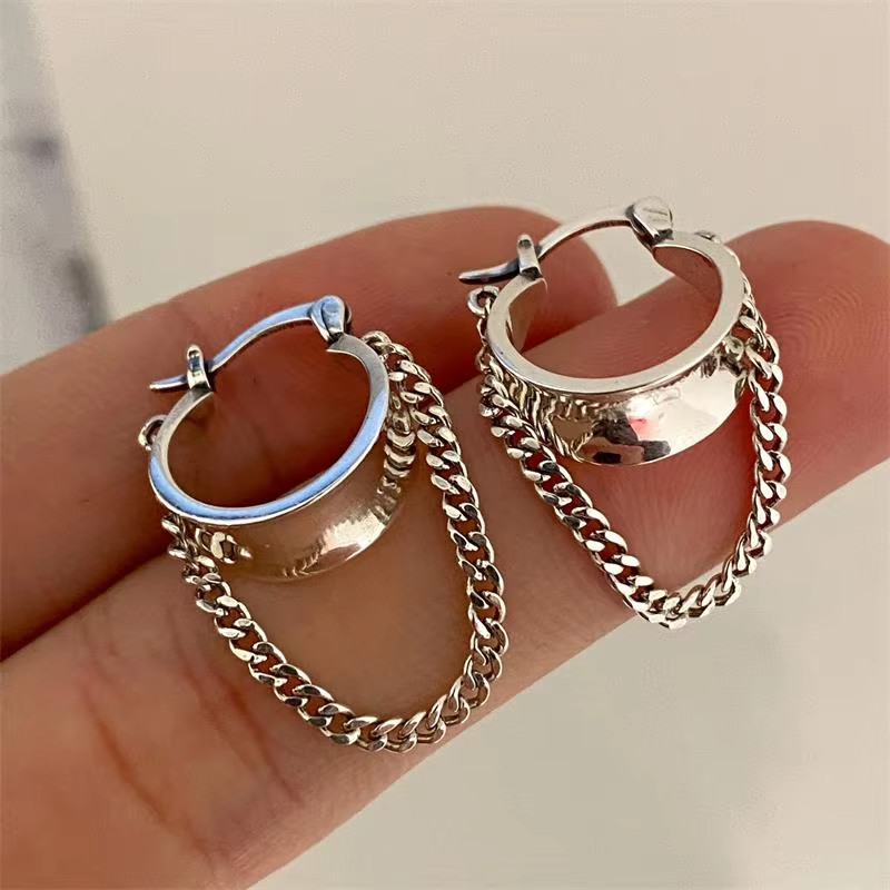 925 Sterling Silver Chunky Chain Hoop Earrings Minimalist Dangle Huggie Women Gi