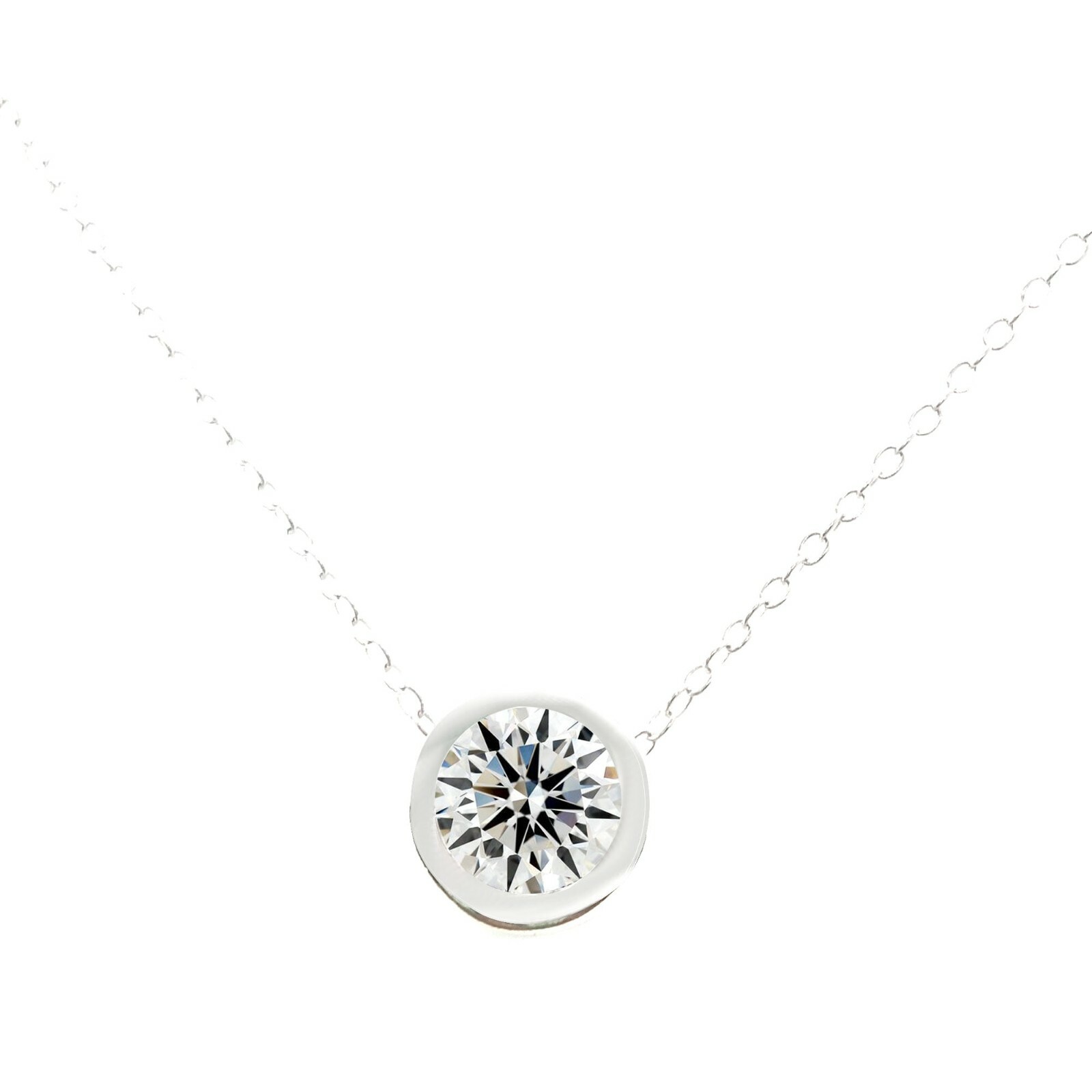 14K White Gold Plated 1.10 Ct Bezel Set Solitaire Real Moissanite Pendant Chain