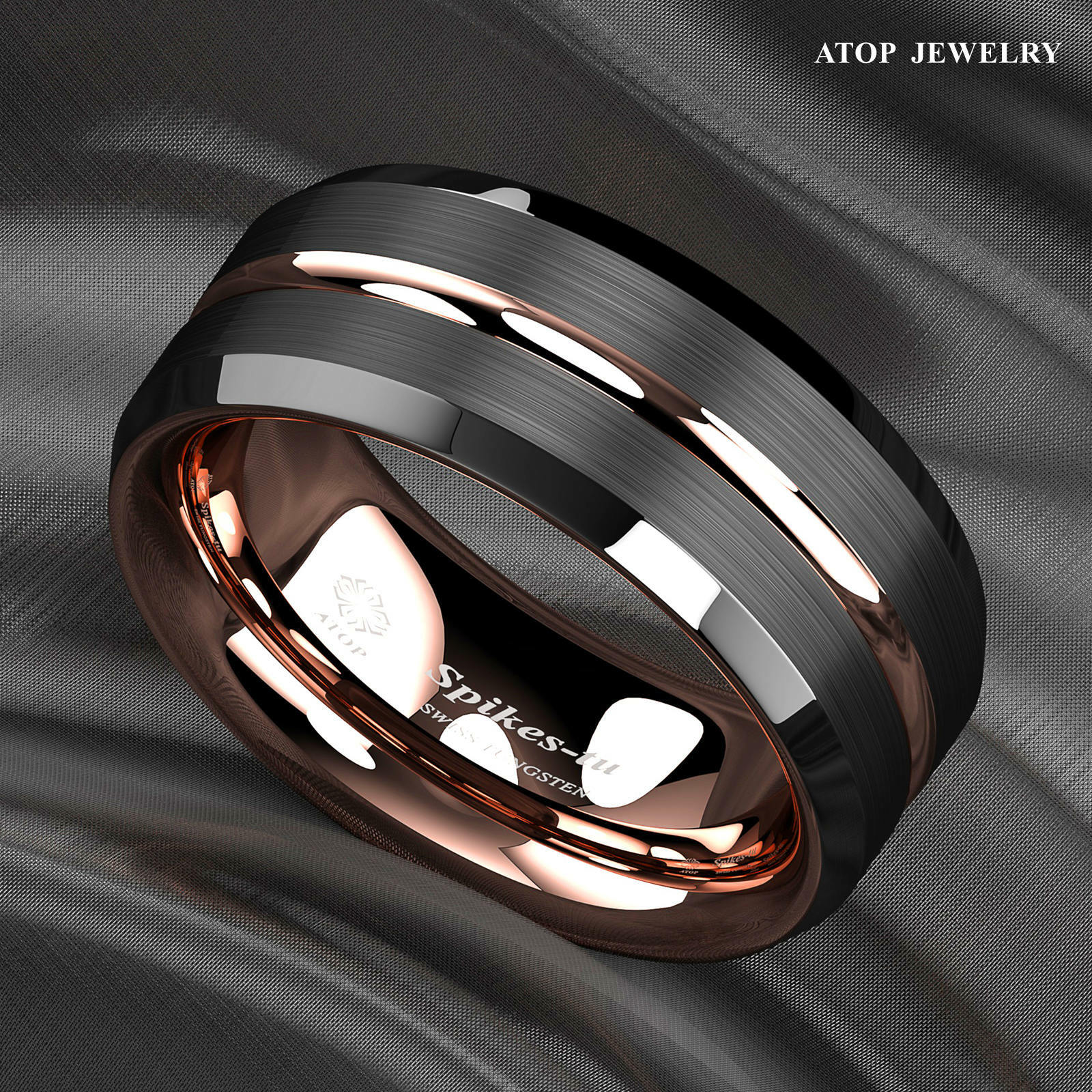8mm Black Brushed Rose Gold Plated Metal Tungsten Ring ATOP Men Wedding Band