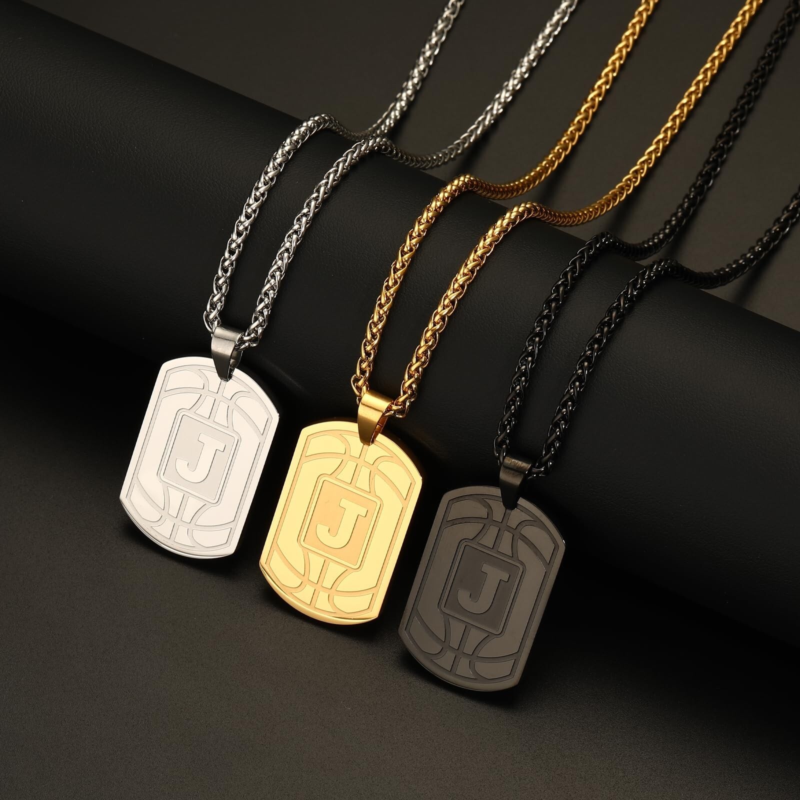 Basketball Initial Necklace for Men Dog Tag Stainless Steel Sliver/Black/Gold…