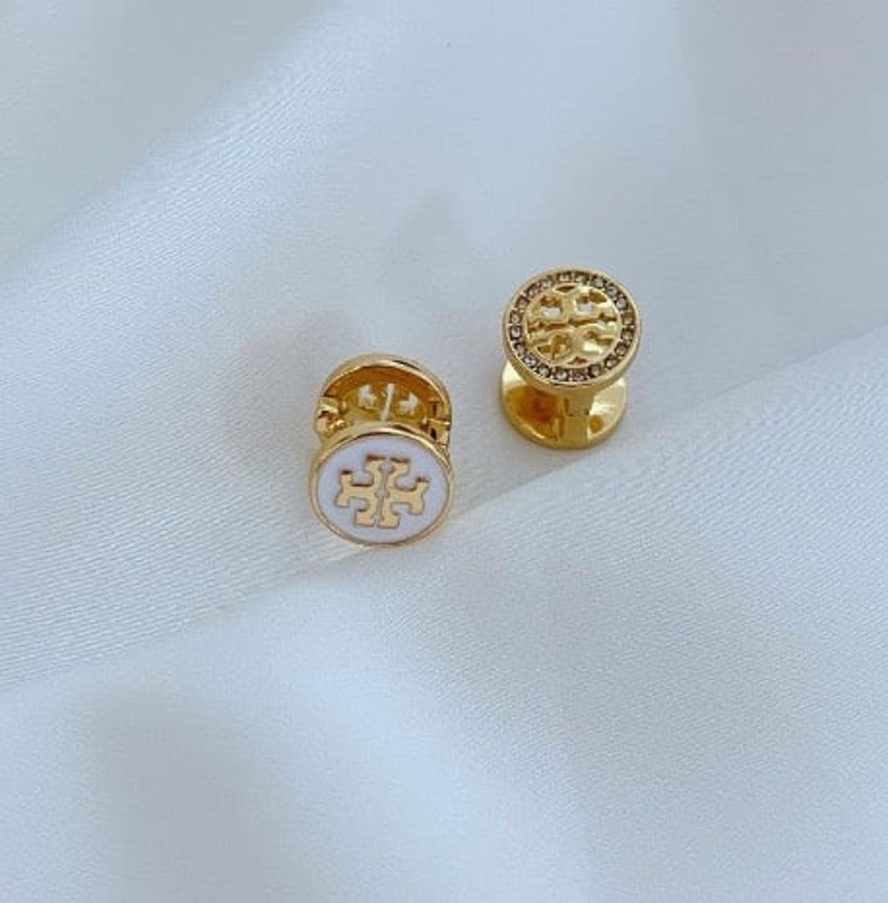 New Tory Double Face White & Crysta Earrings with Jewelry Pouch