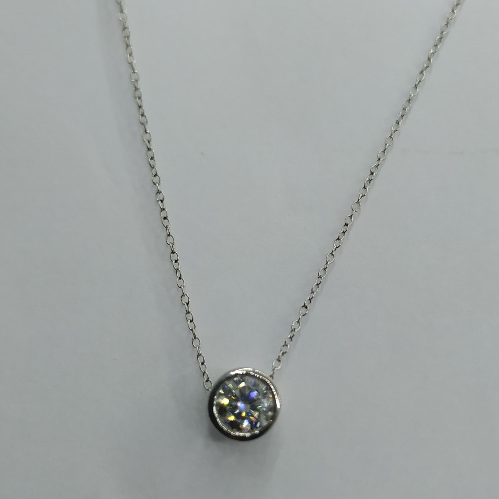 14K White Gold Plated 1.10 Ct Bezel Set Solitaire Real Moissanite Pendant Chain