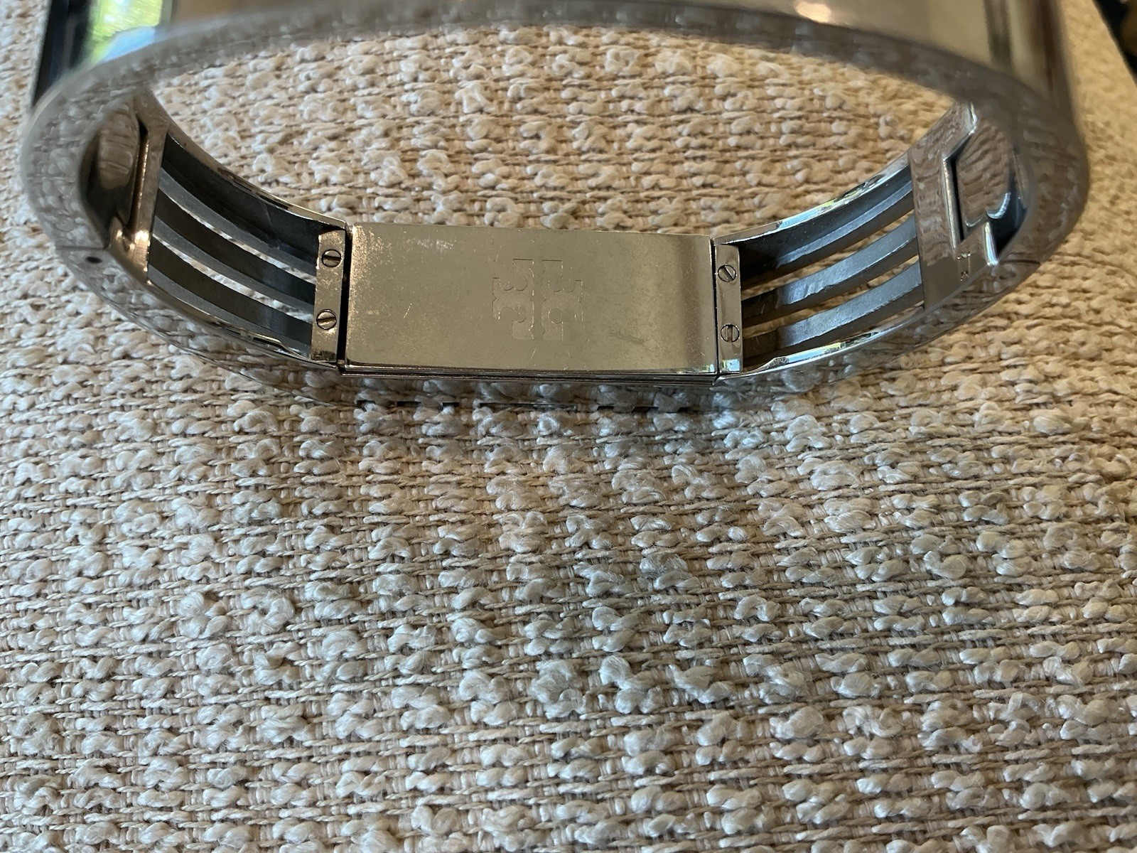 Tory Burch Silver Tone Metal Hinged Cuff Bracelet W/Hidden Compartment