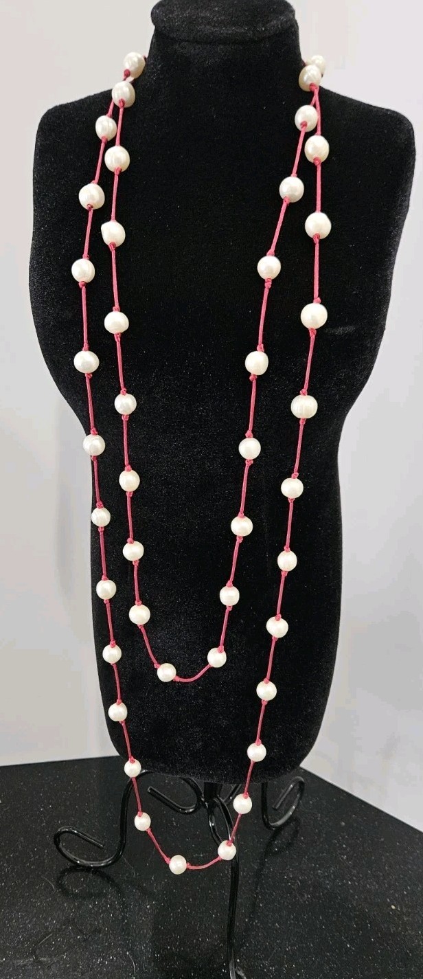Freshwater Pearl Bead Station Necklace Red Cord Knotted Long Strand No Clasp