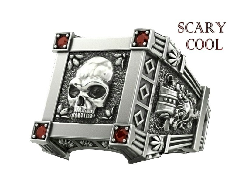 New Skull Skeleton Red Crystal Embossed Head Silver Mens Gothic Biker Ring