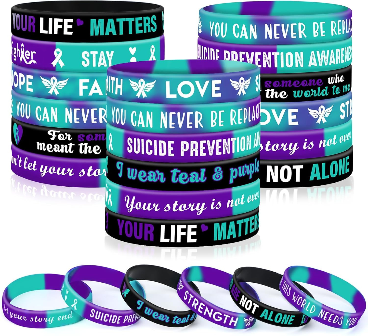 JUNEBRUSHS 42Pcs Suicide Prevention Awareness Silicone Bracelets Purple Teal Rib