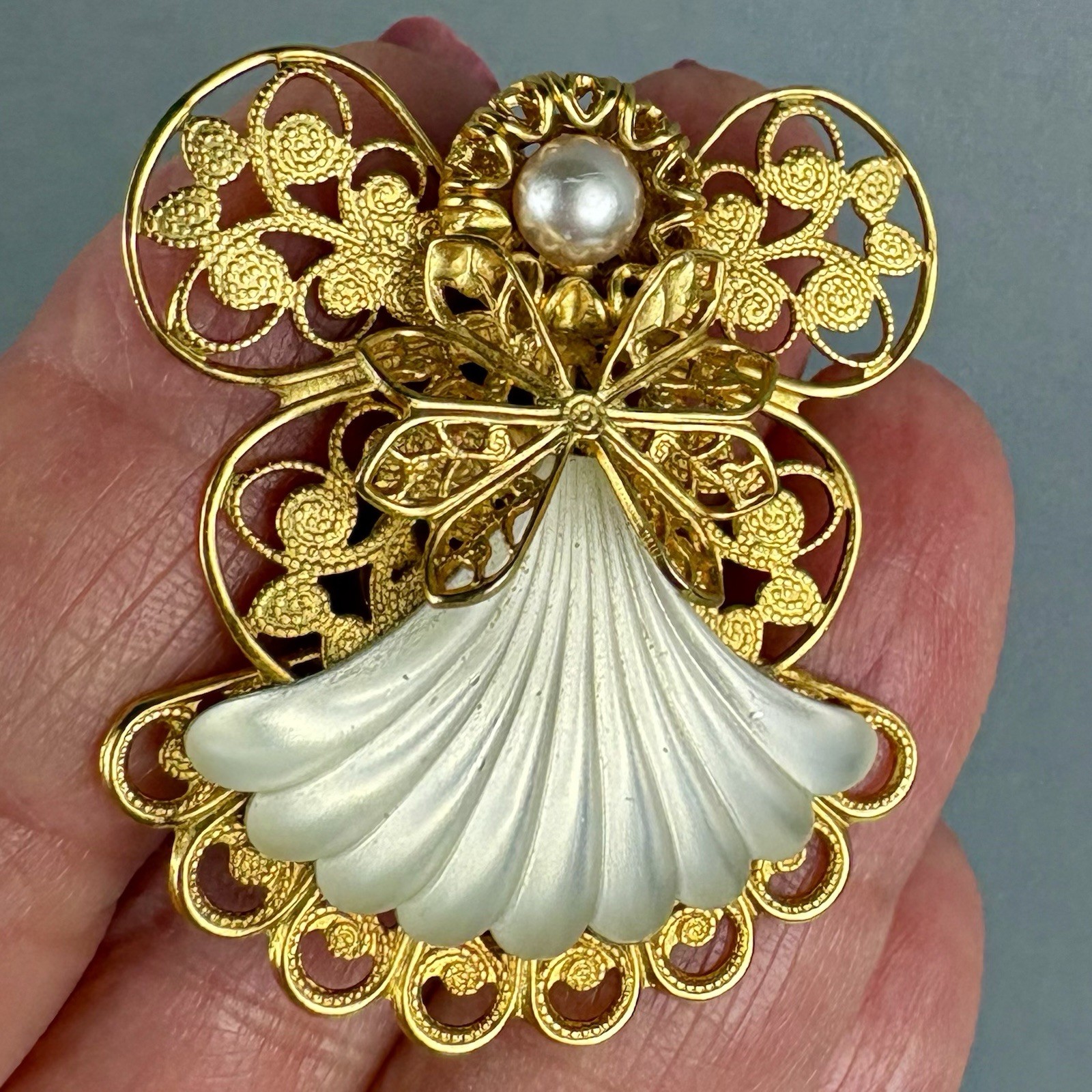 Vintage Frosted Glass Filigree Angel Brooch Pin Signed Jane