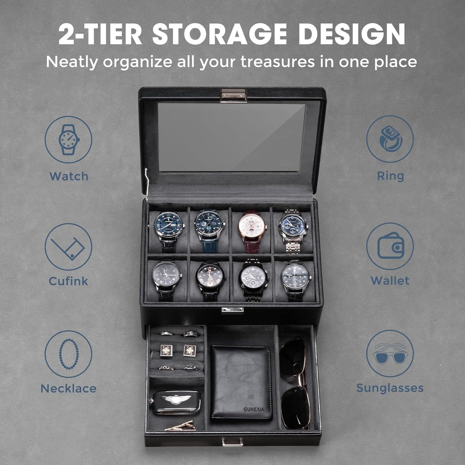 Watch Storage Box with Glass Lid for Men and Jewelry Organizer with 8 Slots