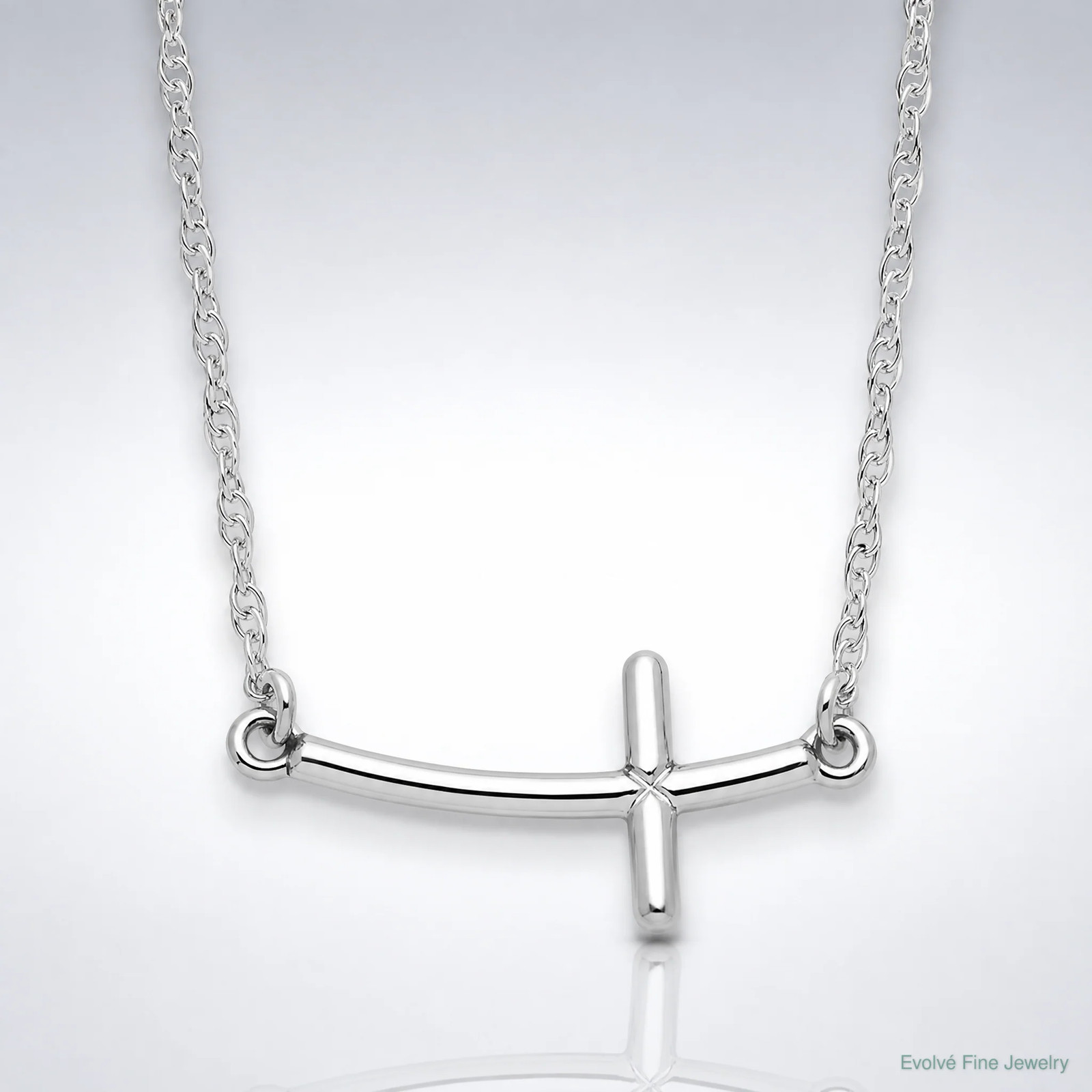 Sterling Silver Rhodium-Plated Small Sideways Curved Cross Necklace