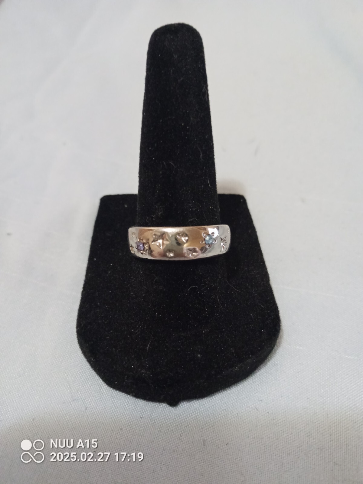 Unisex Star Flush Band Ring Silver color Blue Gem Size 8 Wedding