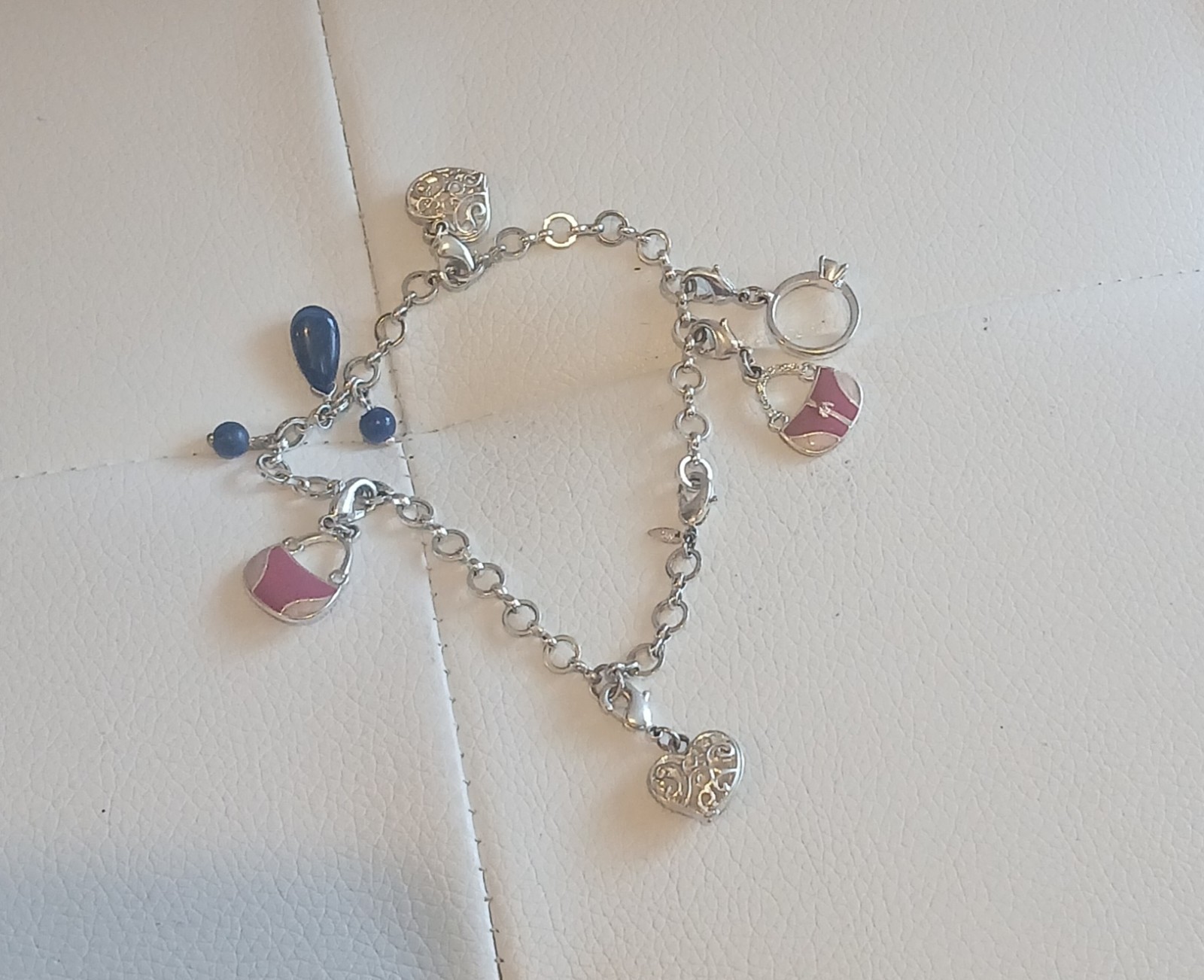 Silver Tone Heart Dangle Charm Chain Bracelet Blue Pink Enamel Lobster Clasp