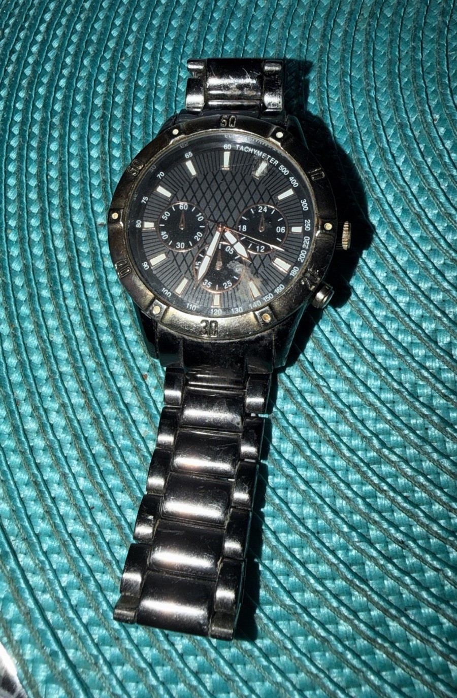 Men’s Black Analog Chronograph Tachymeter Wristwatch Metal Bracelet 12/24HR