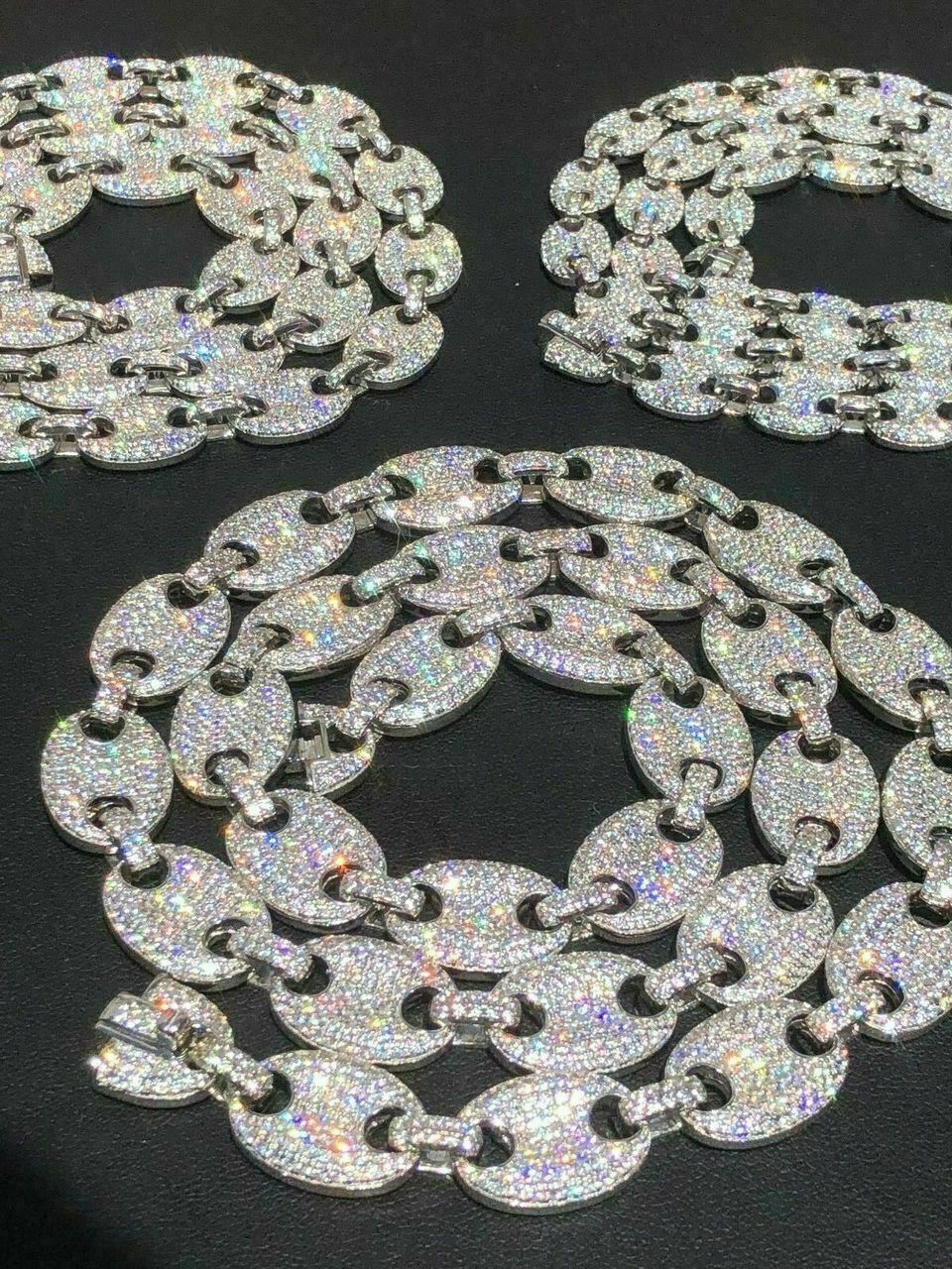 Solid 925 Silver Mens Puffed Mariner Link Chain CZ Hip Hop Iced