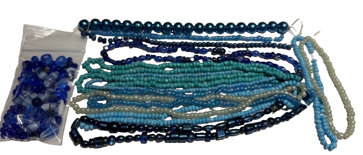 Blue Glass Bead Lot, Assorted Shapes and sizes Smooth Finish