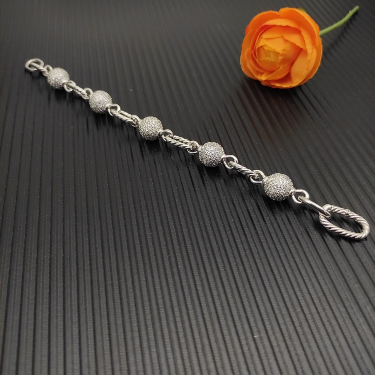 David Yurman 925 Sterling Silver Pavé Diamond Ball Cable Link Bracelet 21cm