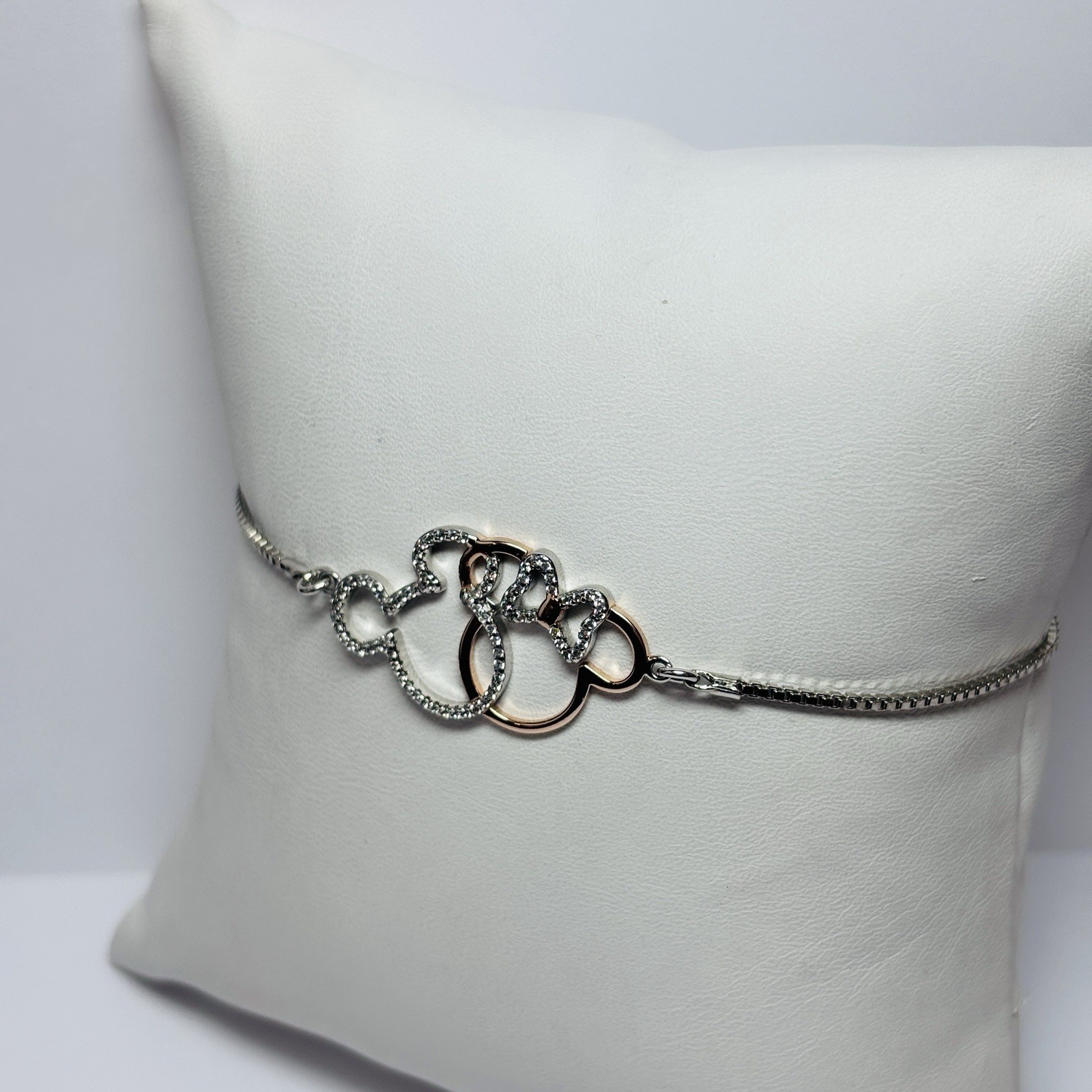 Disney Sterling Silver Mickey and Minnie Icon CZ Bolo Bracelet 7-9 in -.16