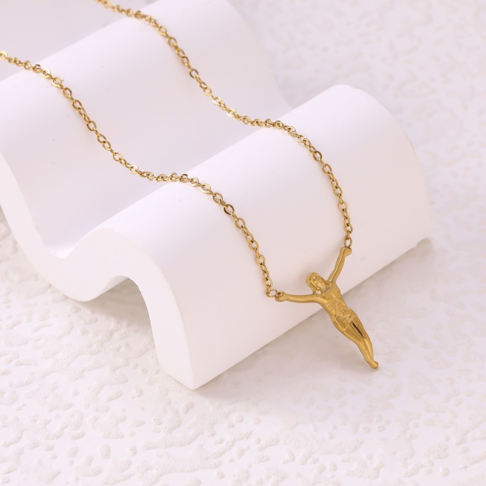 Cross Angel Statue Titanium Steel Golden Portrait Pendant Hip-hop Necklace Gift