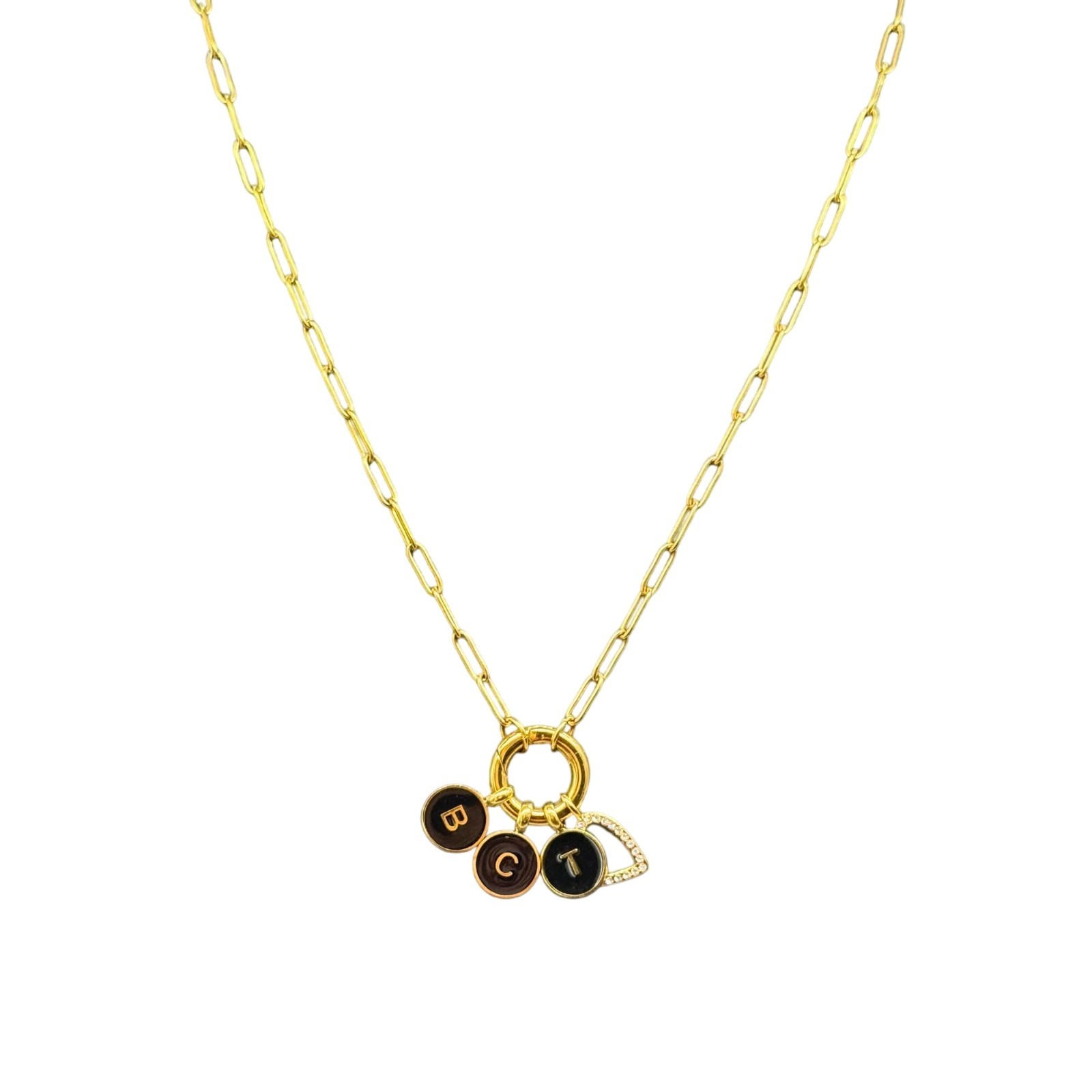 Plunder Black Enamel Rhinestone Bct Heart Pendant Chain Necklace Gold Tone