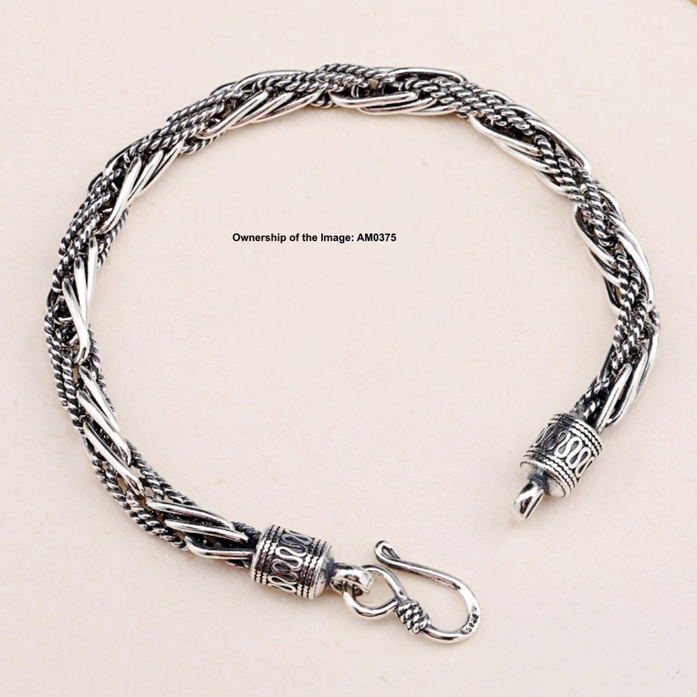 Pure 925 Silver Braided Wheat Link Chain Bracelet for Men/Women Vintage Look