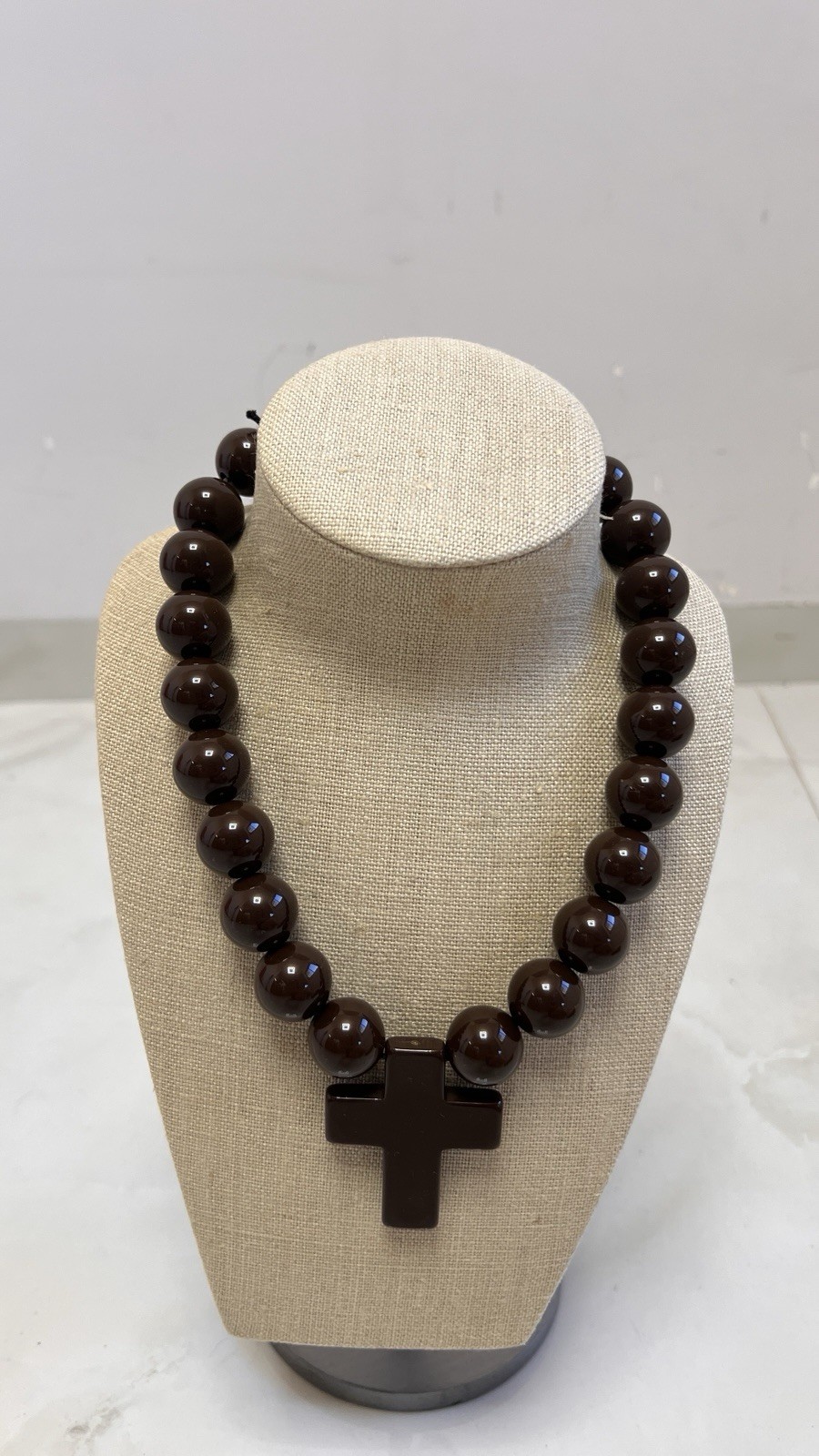 Dudu brown Cross statement necklace glossy resin beads adjustable