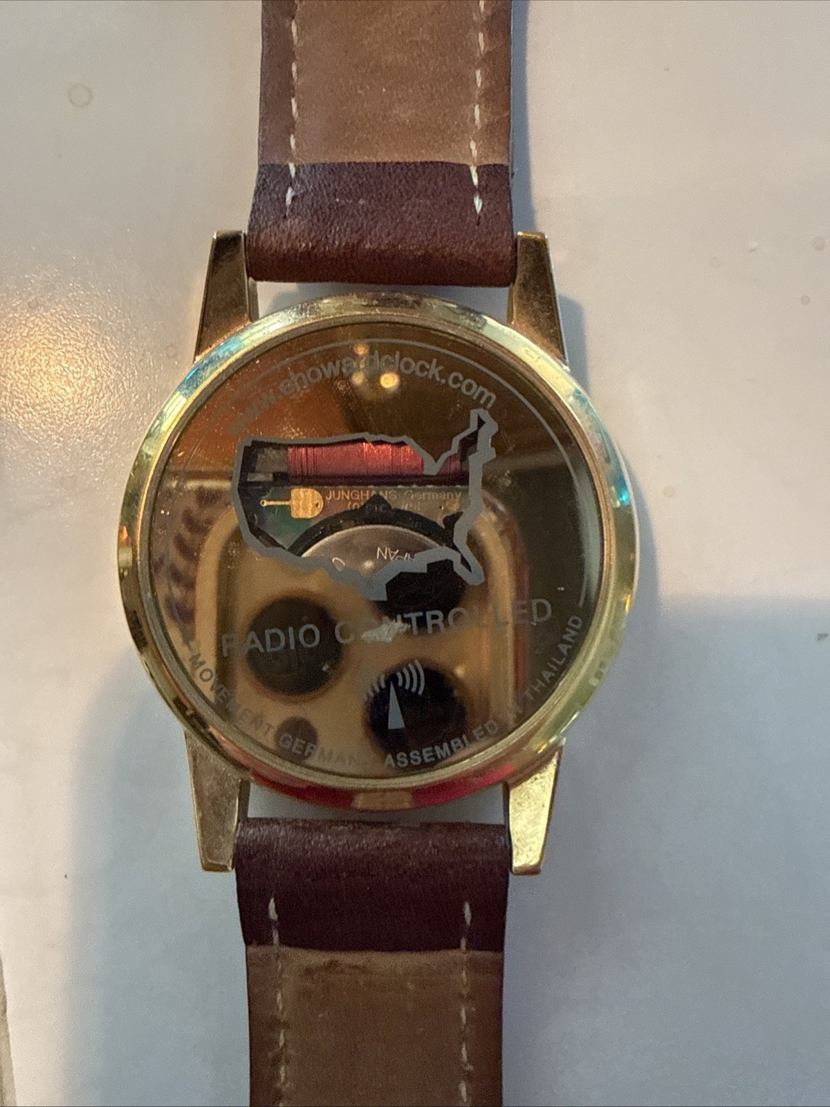 E Howard & Co Radio Controlled Atomic Watch Junghans Movement Gold Brown Leather