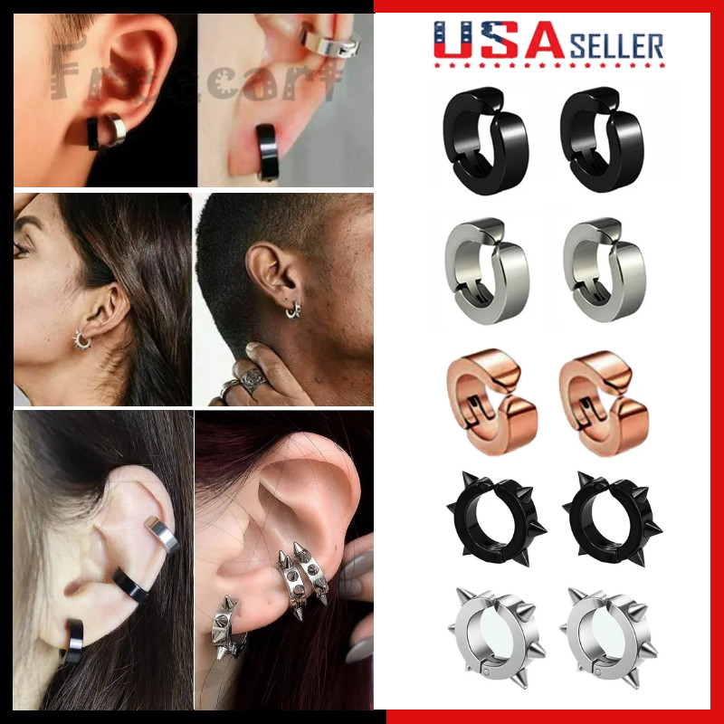 Non-Piercing Fake Ear Stud Cuff Hoop Earrings Stainless Steel Men Women