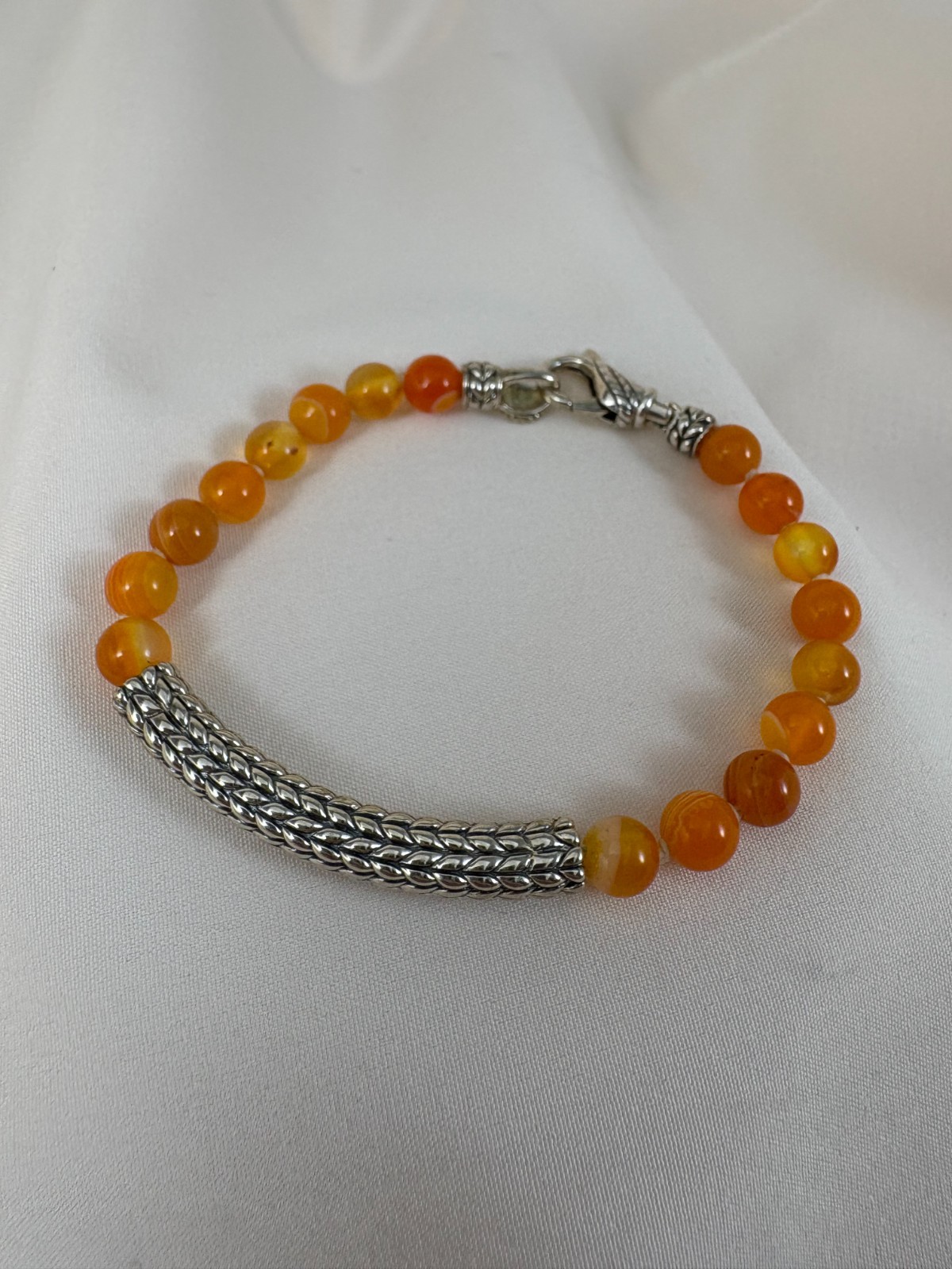 JAI Sterling Silver Orange Agate Bead Bracelet 7″ Long Size X-Small