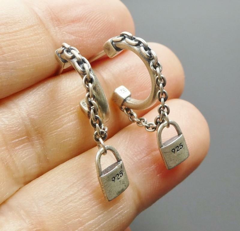 Handmade Sterling Silver Small Hoop with Chain and Lock Post Earrings Unique