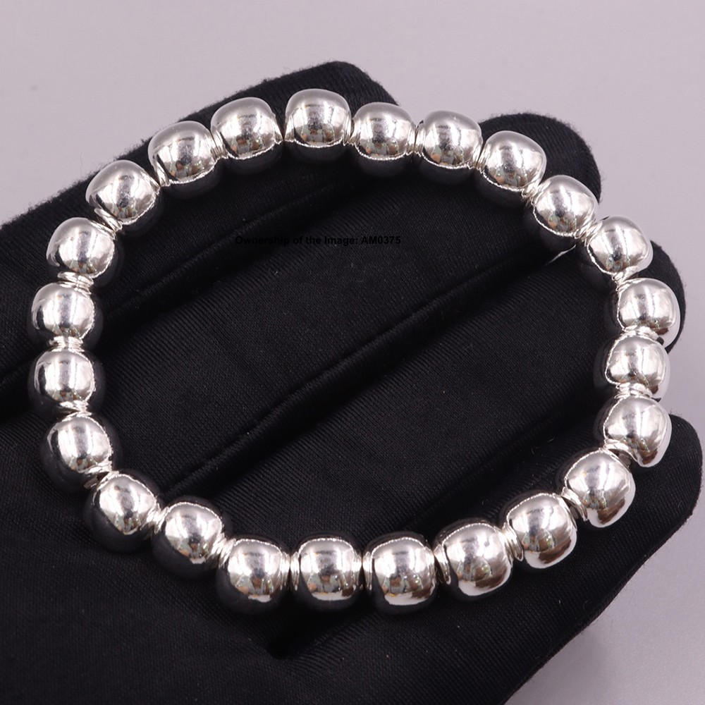 Pure 999 Fine Silver 8mm Barrel Beads Elastic Bracelet DIY Stretch Bracelet