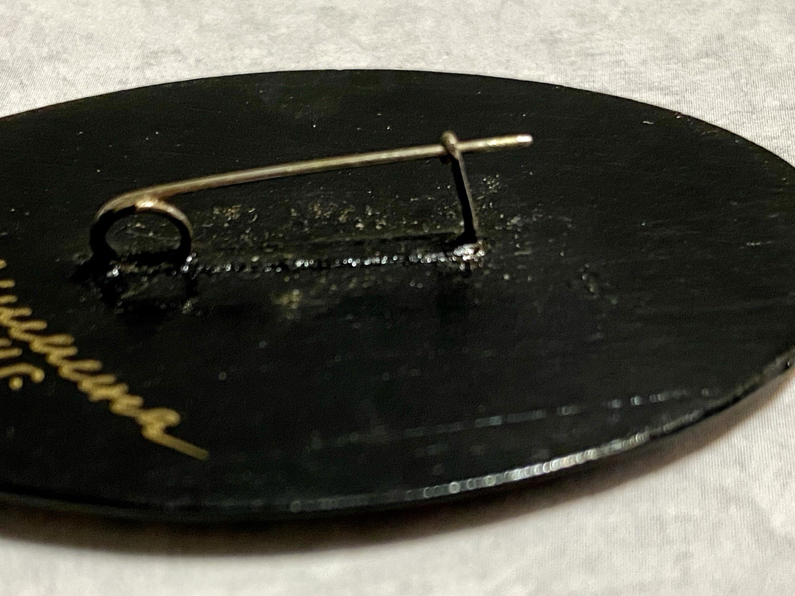 Vintage Russian Brooch Hand Painted Black Lacquer Floral Pin Signed 2.25″
