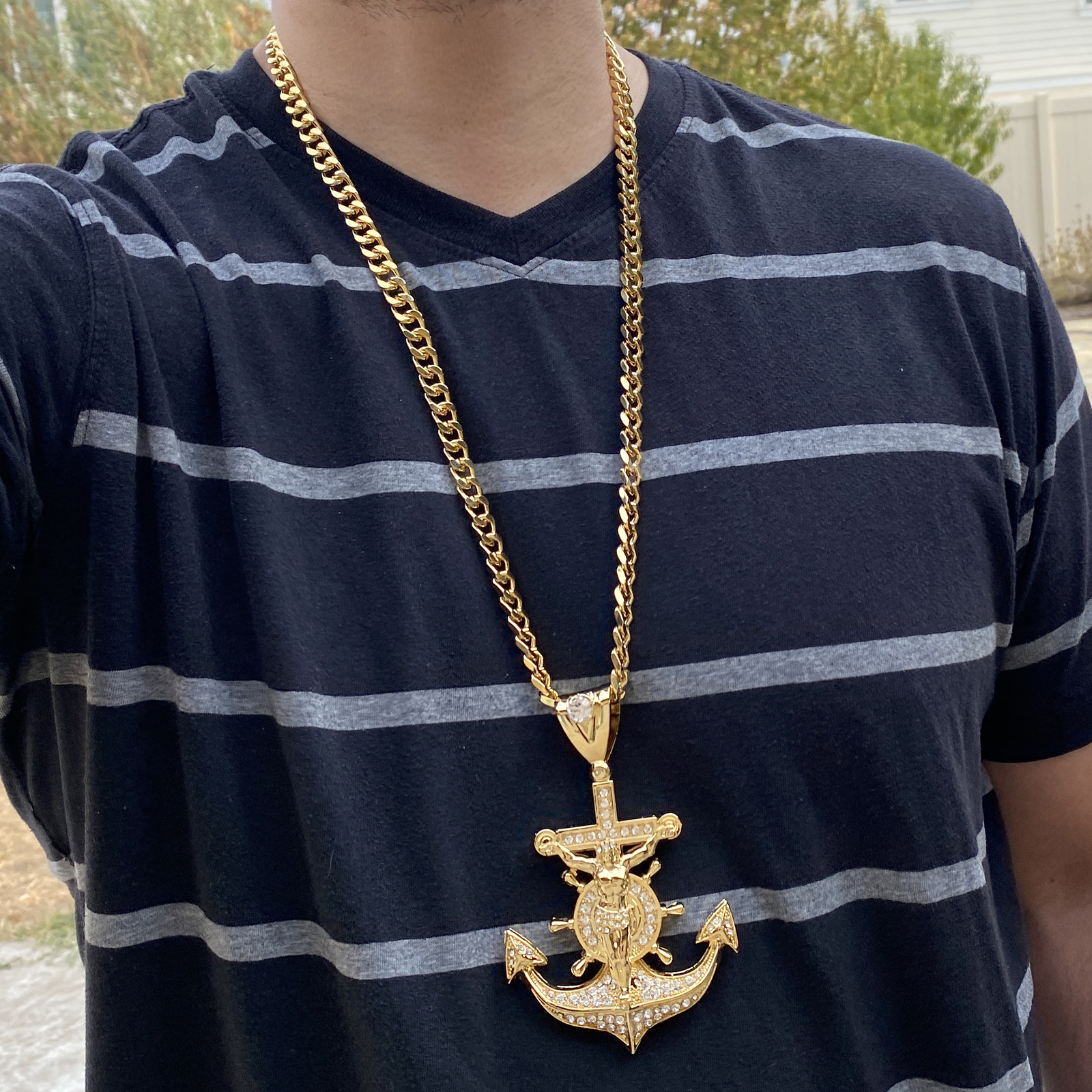 18K Gold Plated Huge Mariners Cross Anchor Jesus Chain 30″ Simulated CZ 30″