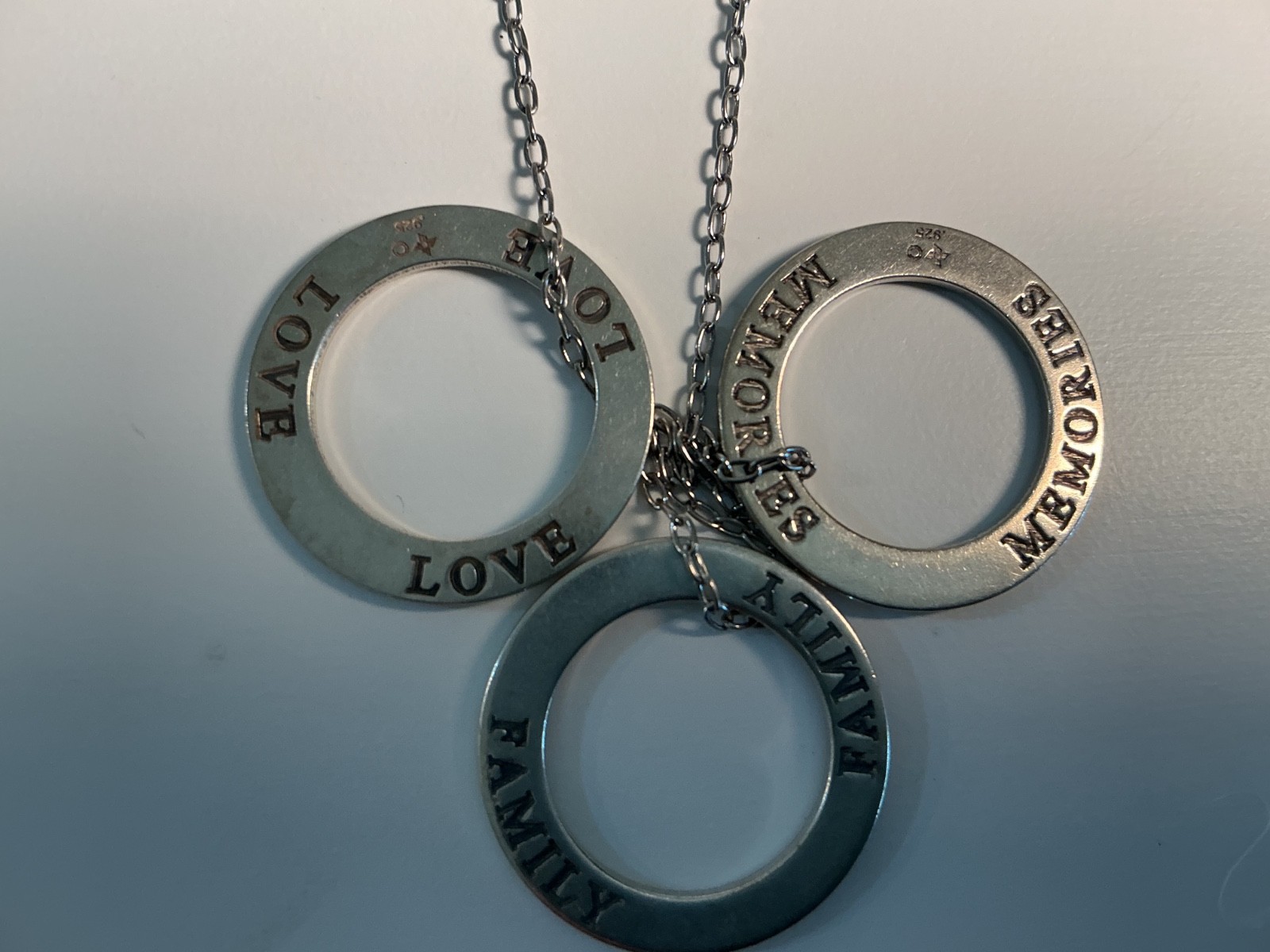 STERLING SILVER 925 NECKLACE 16” MEMORIES/FAMILY / LOVE INSCRIBED ON RINGS