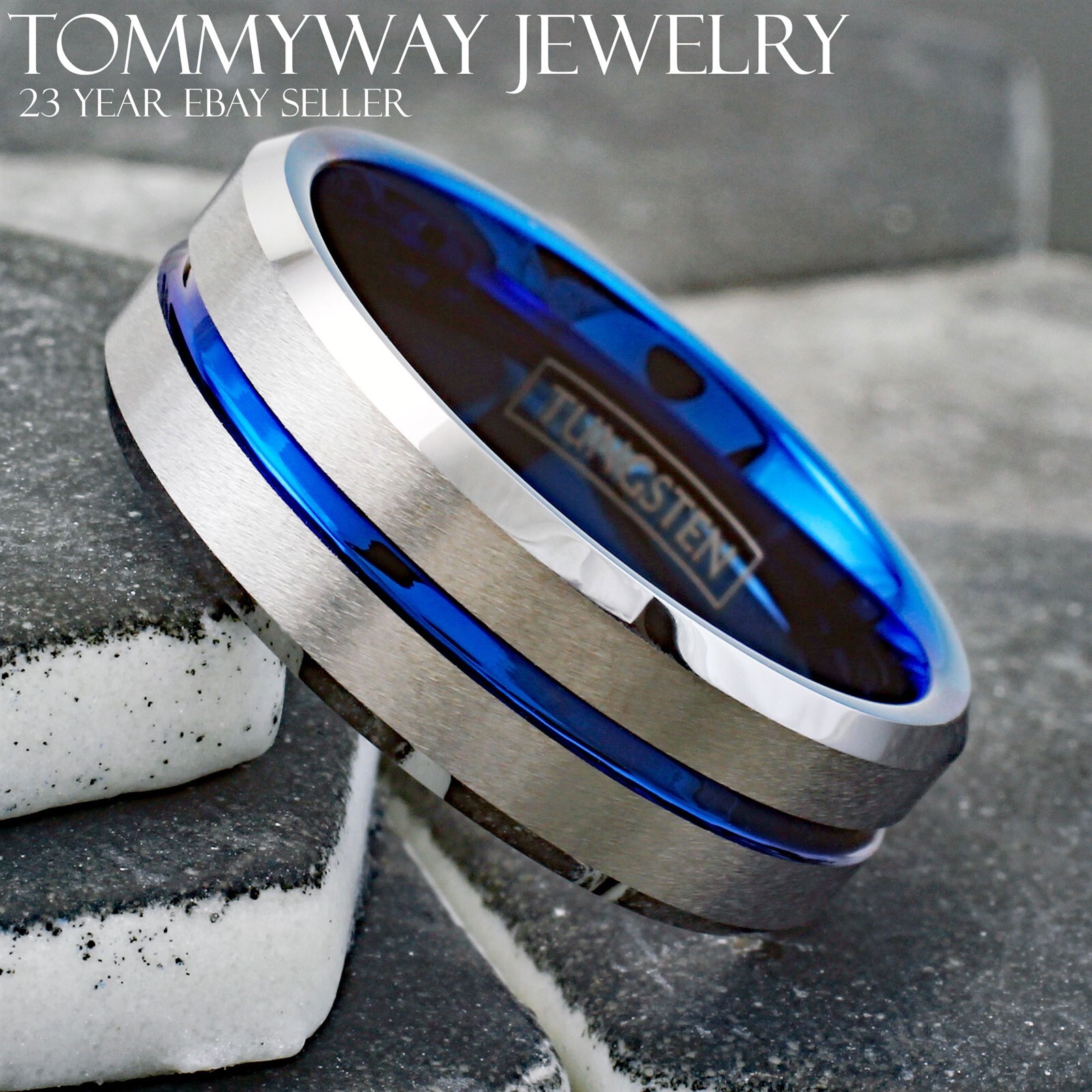 Tungsten Carbide Men’s Ring Brushed Silver Thin Blue Line Wedding Band Jewelry