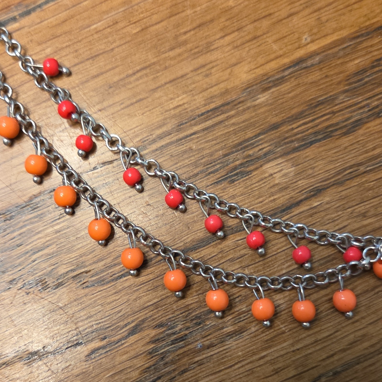 Silver Tone Layered Cable Chain Necklace, Orange & Red Bead Dangles, Lobster