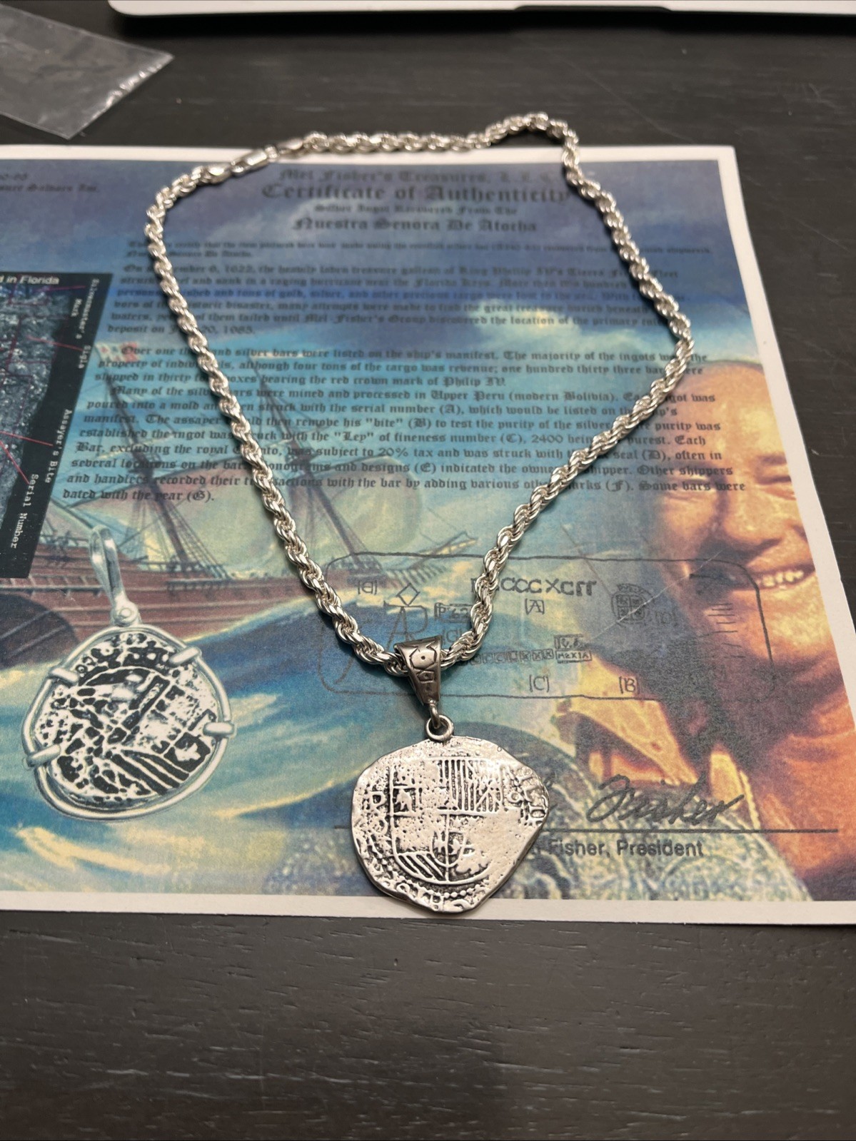 ATOCHA 4 REALE SHIPWRECK TREASURE COIN W/MATCHING ROPE CHAIN .925 SS BEZEL