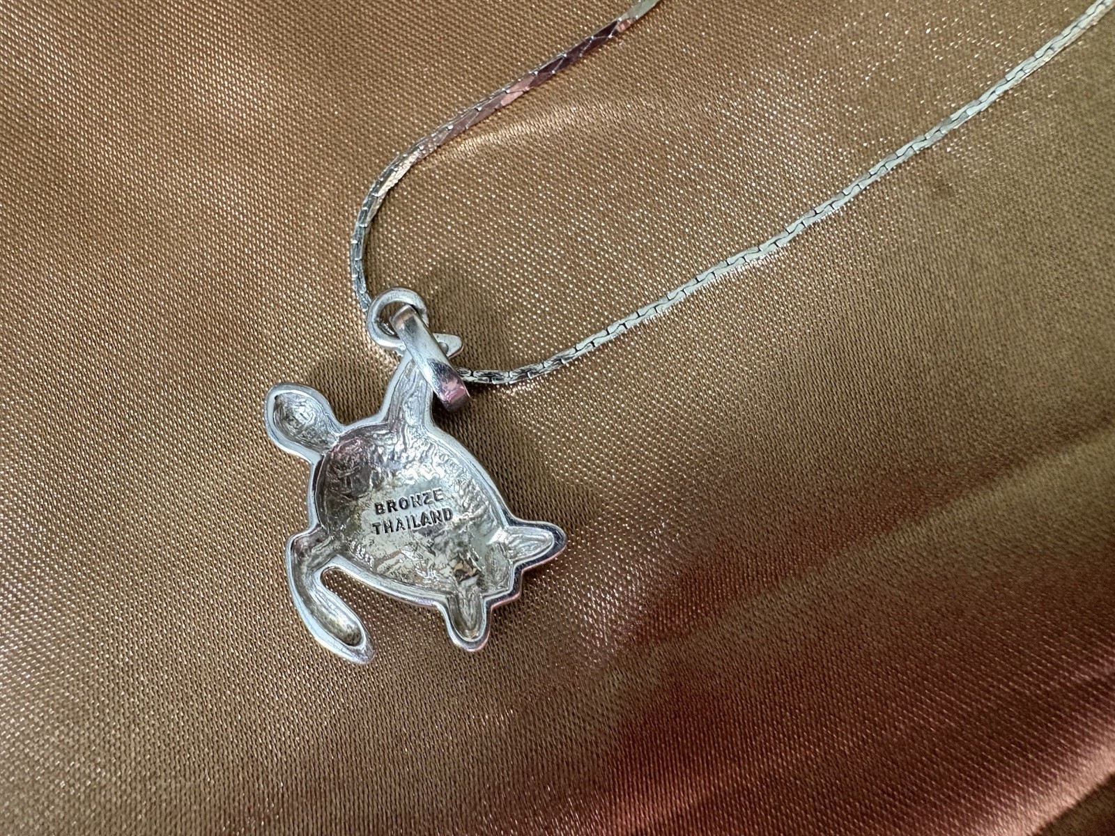 Sea Turtle Charm Pendant Necklace Silver Toned Stainless Chain Bronze Thailand