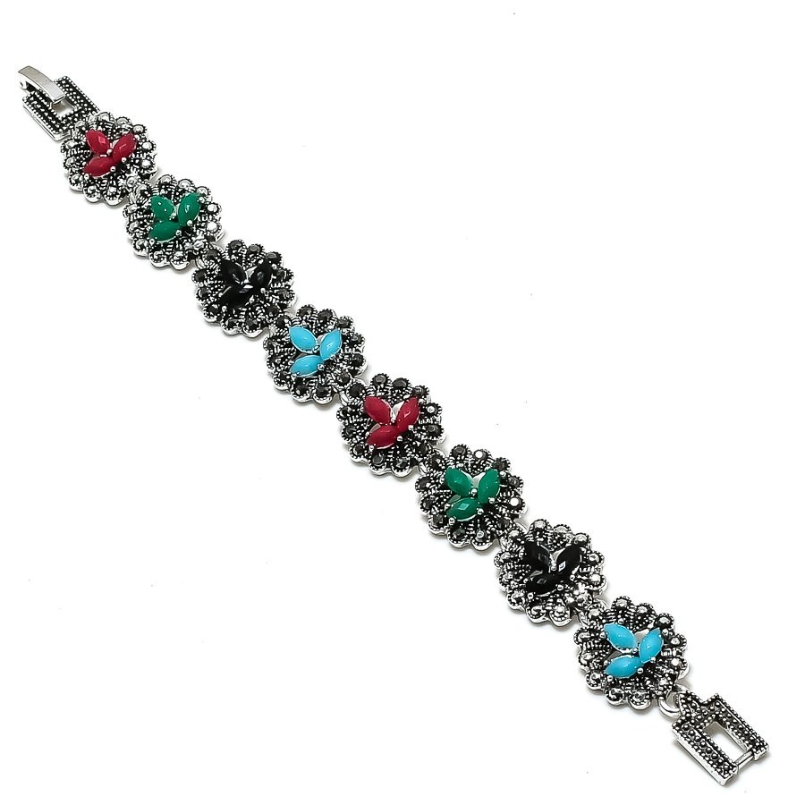 Multi Cut Stone 925 Sterling Silver Ethnic Marcasite Jewelry Bracelet 7″ PT 4445